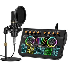 Podcast Microphone Bundle with Live Sound Card Audio Mixer, 3.5mm Condenser