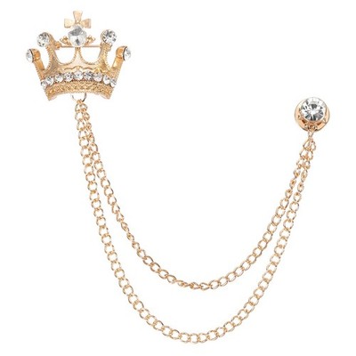 Crown Hanging Chain Brooch Pins Rhinestone Suit Pins Gold Tone White