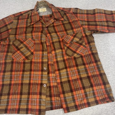 Val Mark Vintage 90% Wool Shirt Mens Med Plaid Orange Brown Korea Flannel Work