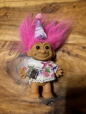 Vintage Russ Troll Doll Happy Birthday Present and Hat Pink Hair Brown Eyes