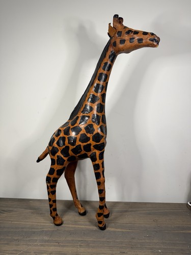 Standing Giraffe Handmade Painted Leather Statue 18”