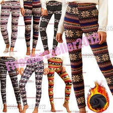 Women Winter Warm Fleece Xmas Snowflake&Reindeer Knitted Leggings Stretch Pants