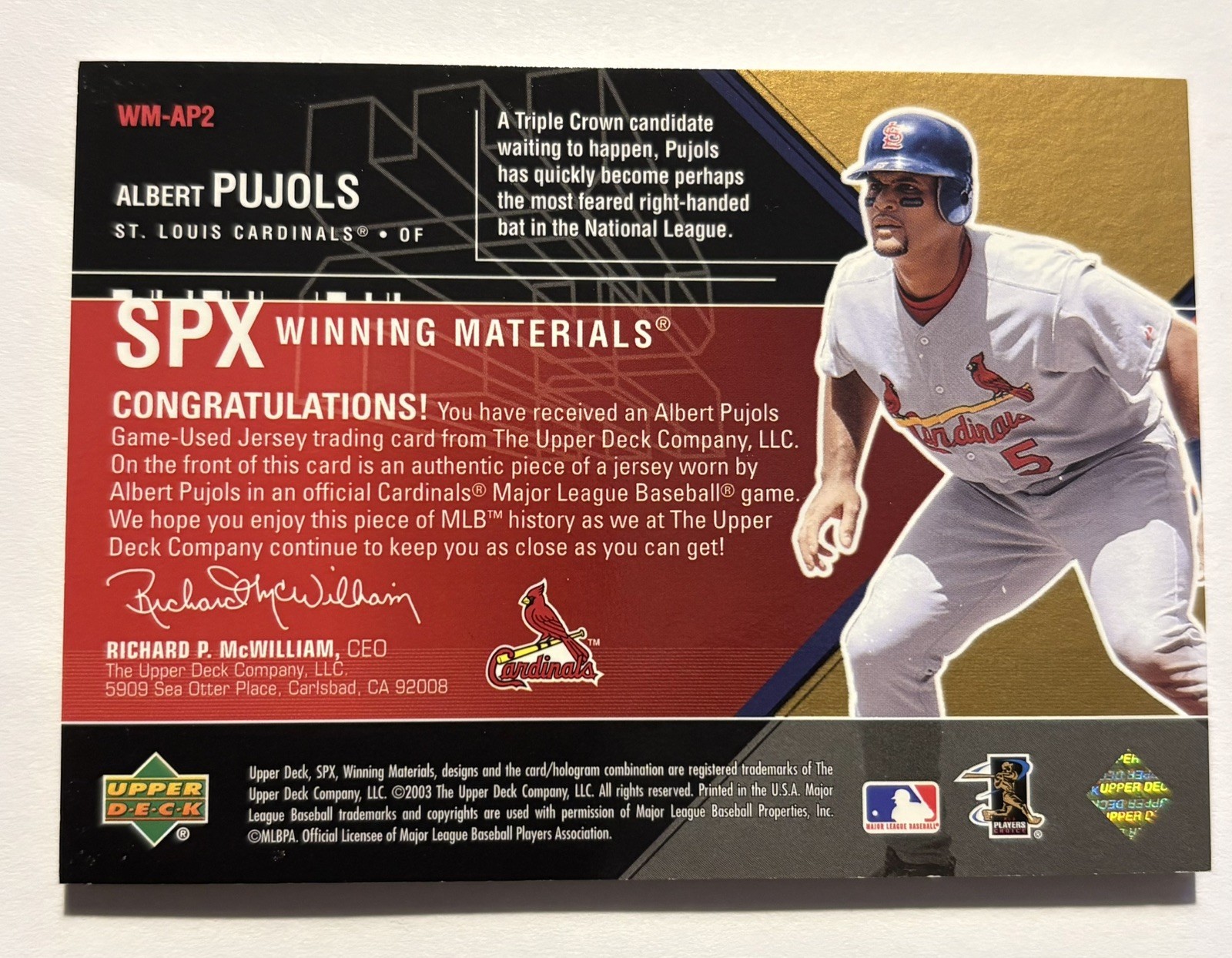 Albert Pujols #36/50 Game Worn Jersey! 2003 Upper Deck SPX Winning Materials HOF view 2