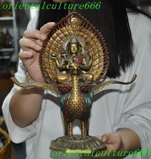 11"Buddhism temple bronze painting Peacock Ming Wang Peacock King Buddha statue