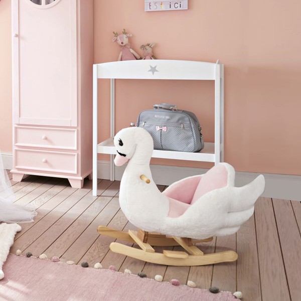 Homcom Kinder Schaukelpferd Baby Schaukeltier Schwan PlüSch Haltegriff Rosa+Weiß-image