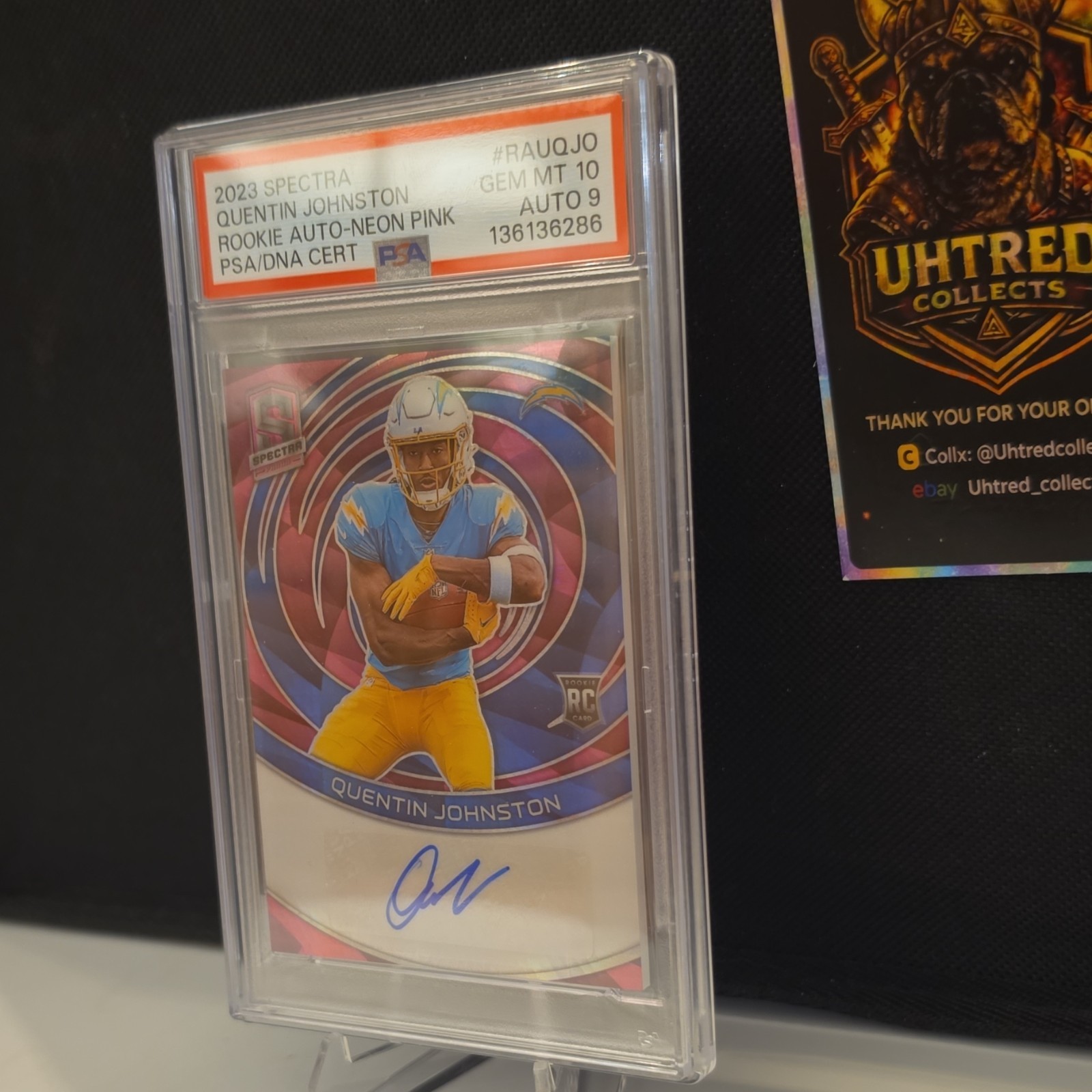 Panini 2023 Spectra Quentin Johnston Chargers RAU-14 Neon Pink /15 PSA 10, POP 1 view 3