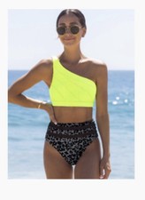 Women's Multicolor Neon Leopard Stripe Cut-Out High Waist Bikini Set 2 Piece