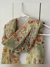 VTG sheer Floral Scarf in Light Butter Yellow / Multicolor Raw Hem