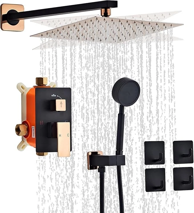Black Gold Rainfall Shower Head, Wall Mounted 12 Inch Shower Heads with Handheld