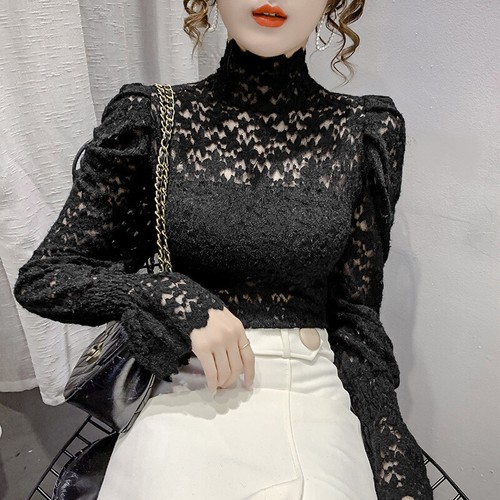 Women Mesh Floral Lace Shirt Turtleneck 