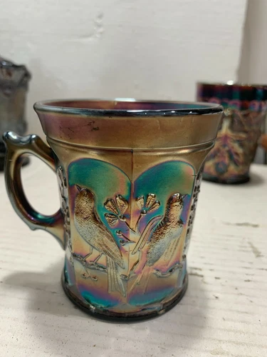 Northwood Carnival Glass Handled Mug Singing Birds