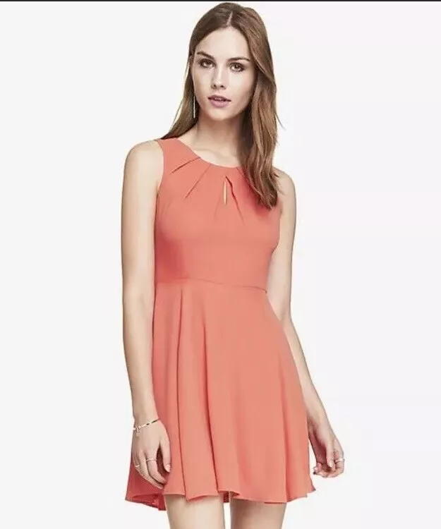 EXPRESS Dress Size 10 Coral Peach Fit Flare Sleeveless Pleated