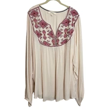 Nurture by Westbound Gauze Blouse 3X Ivory Pink Embroidered Cottagecore Boho NEW