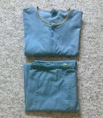 Medical Lab Coat Snap Button Front Long Sleeve Top(M)+ Pants(S) Set Blue