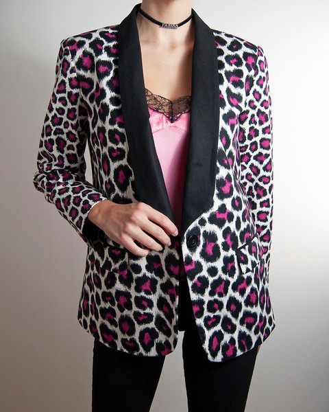 MICHAEL KORS Size 8 Black white pink leopard animal print blazer