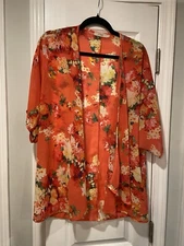 Elodie Size S Sheer Kimono Kaftan Short Cardigan Open Front Orange Floral Flowy