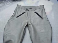 Men's Real Leather Highway Police Uniform Breeches Cowhide Gray Tan Leather Pant