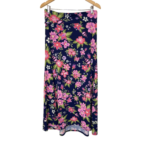 LULA ROE Navy Blue & Pink Jersey Knit Floral Maxi Skirt, Large