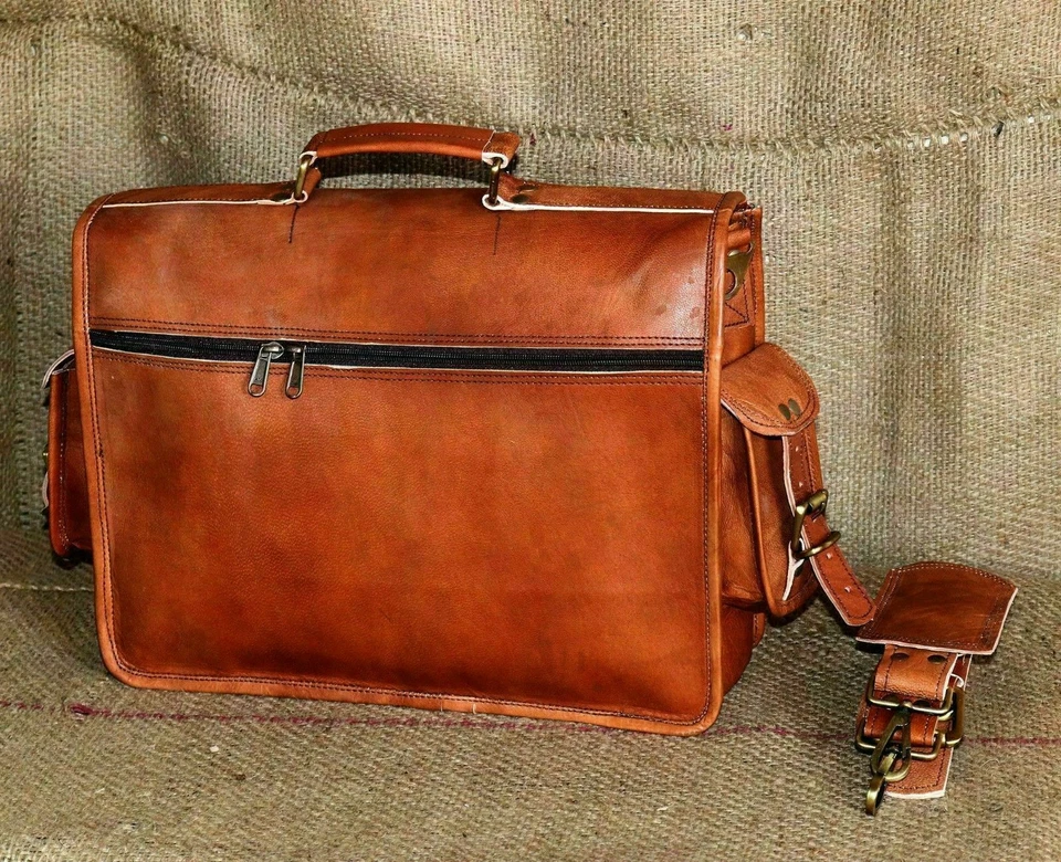 Maletín mensajero vintage de cuero genuino para computadora portátil bolso hecho a mano para hombre  Foto 4 de 4