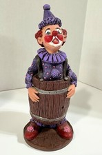 Vintage Hand Painted Resin Circus Clown Figurine Purple Suit and Barrel