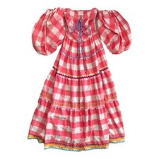 Sundress Erika Pink Gingham Off Shoulder Puff Sleeve Maxi Dress XS S Maximalist