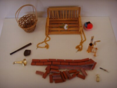 Dollhouse Furniture Porch Swing Set Golf Clubs Ball & Bat Bricks Basket Lot 1:12
