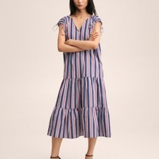 Mango Dress Women's Size 2 Sleeveless Ruffle 100% Cotton Red White Blue Striped