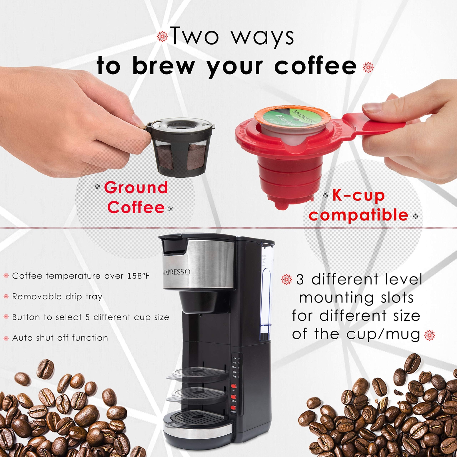 Mixpresso Single Serve 2 in 1 Coffee Brewer K-Cup Pods Compatible & Ground