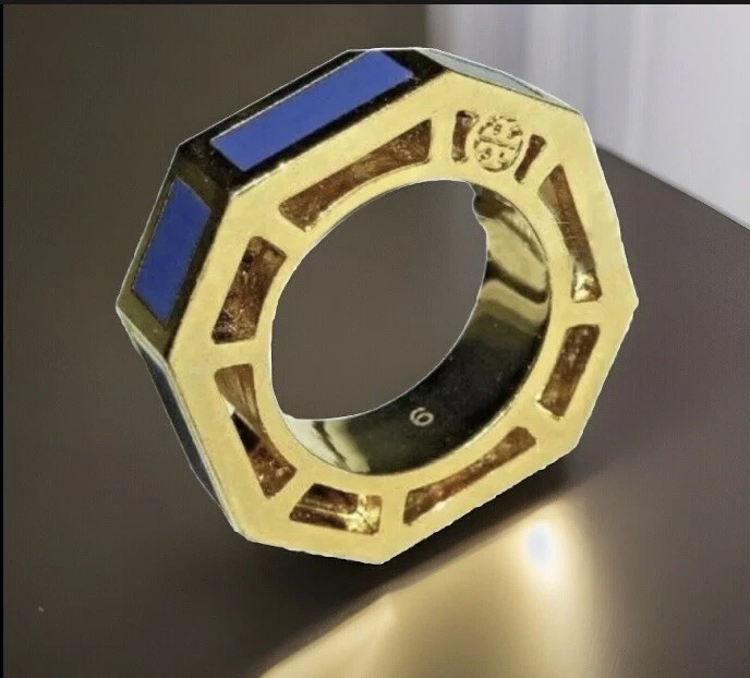 Anello Rylan ottagono ottagono Tory Burch da donna placcato oro 16K lilla taglia 6 nuovo con etichette