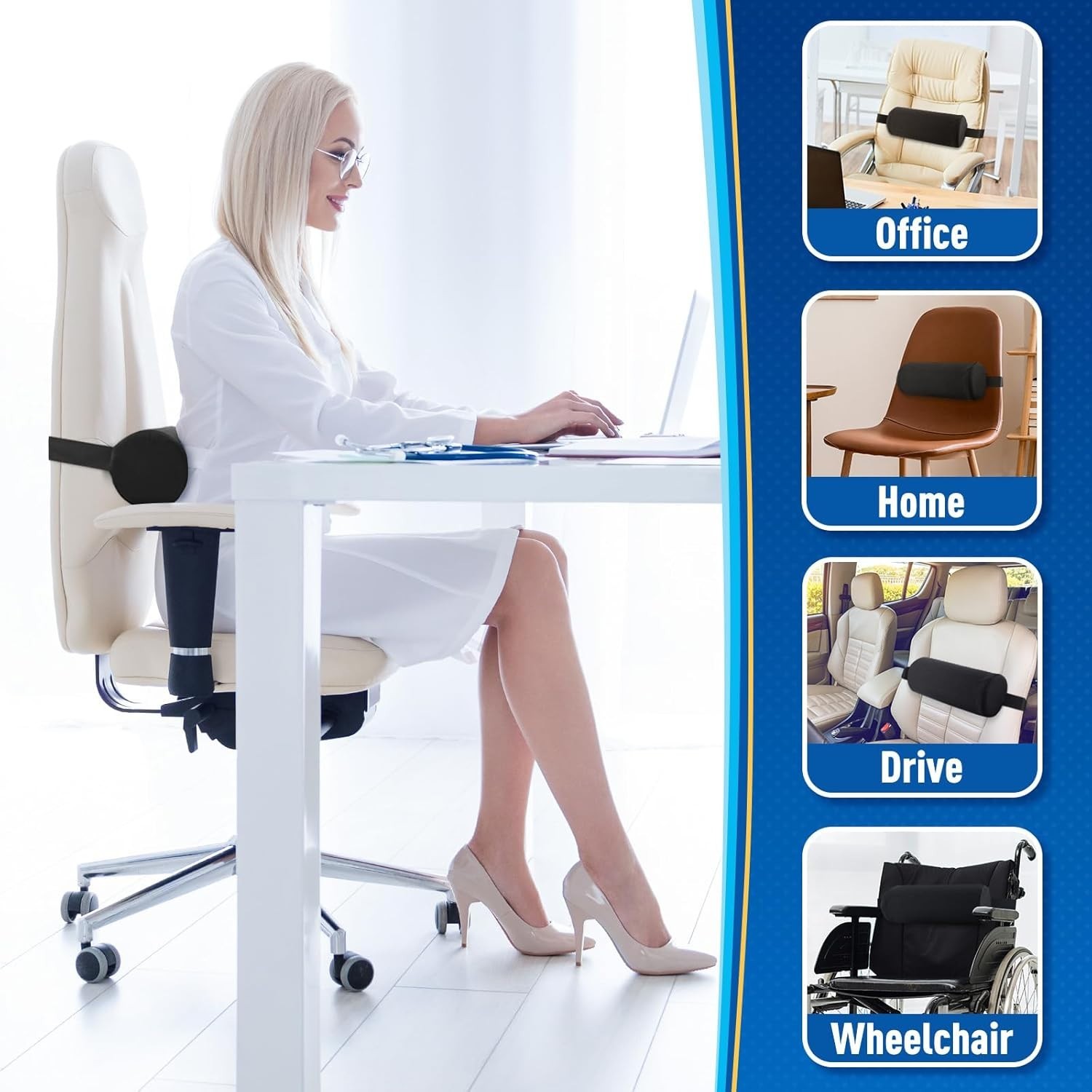 CushZone Lumbar Roll Support Pillow for Office Chair, Car, Gaming Chair