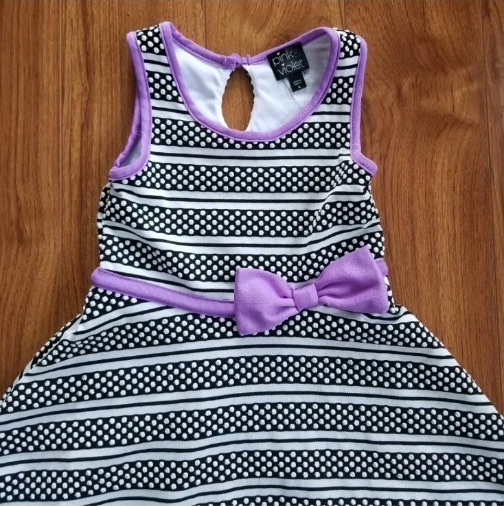 Pink & Violet Girls Black White Purple Stripe Polka Dot Dress W Bow Size 4 - Image 3 of 4
