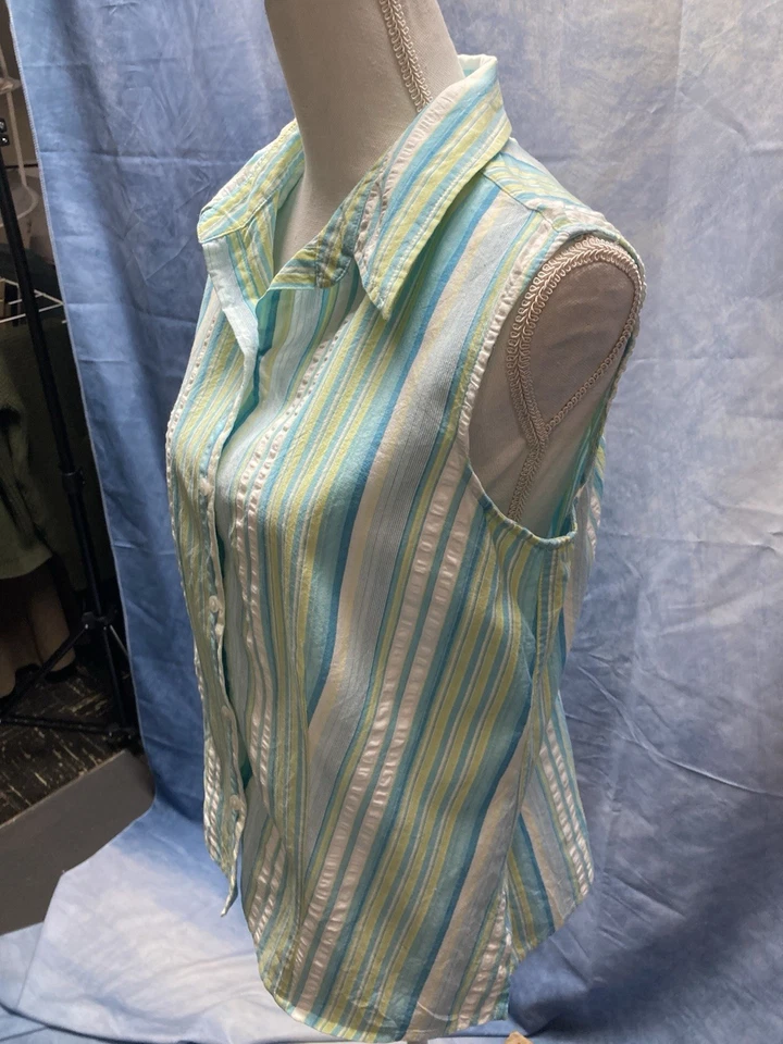 Vintage 1990s Women’s Striped Sleeveless Button Down Shirt First Issue Size L - Image 2 of 4