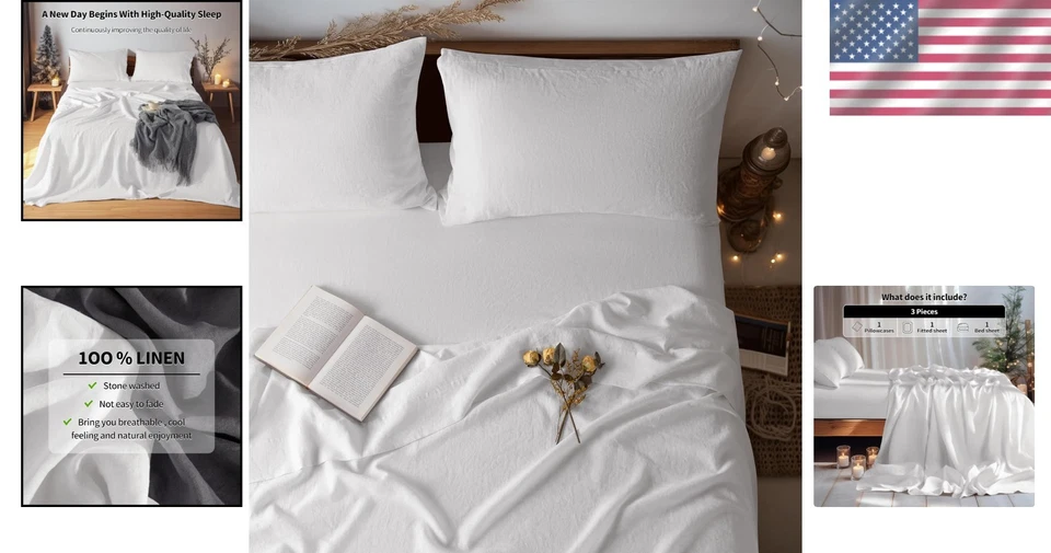 White Linen Bedding Set - Deep Pocket Twin - Image 2 of 4