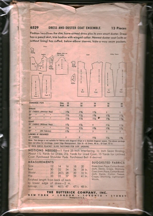 6529 Conjunto de abrigo plumero vestido perdidos patrón de costura Butterick vintage años 50 12 Foto 2 de 2