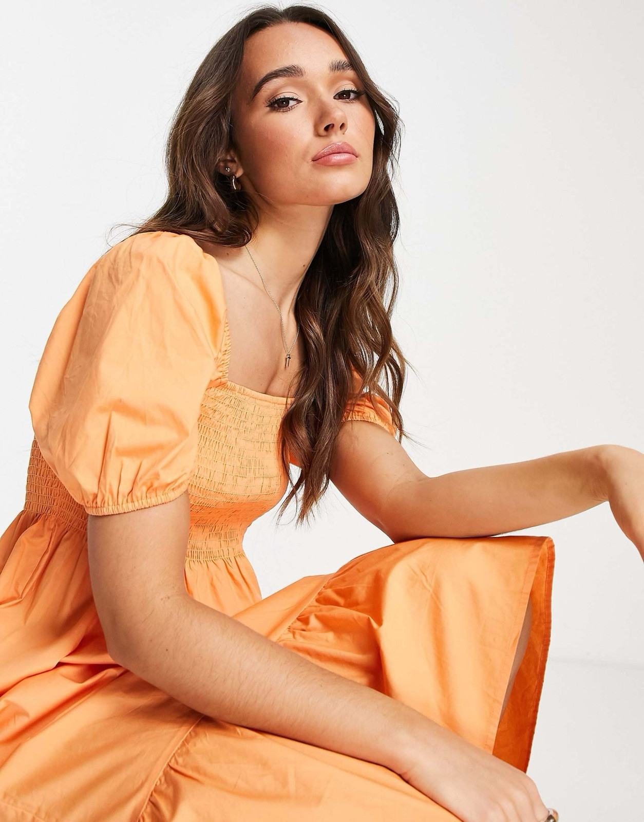 Lola May Asos Dress Puff Sleeve Orange Shirred Midi  Size AU 12/ US 8 Summer image 3