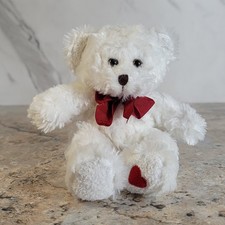 VINTAGE RUSS BERRIE LOVEY THE SMALL WHITE TEDDY BEAR RED HEART  BOW