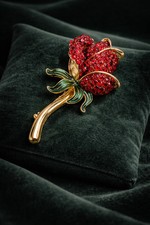 Vintage Gold-Tone Red Rhinestone Rose Brooch with Enamel Leaves