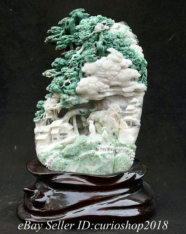 12.8" Chinese Natural Dushan Jade Carving Pine Tree House People Sculpture