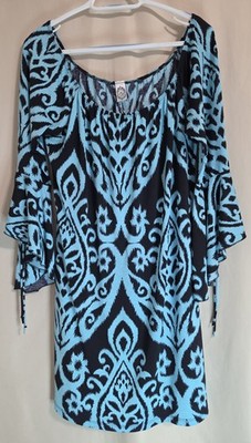 Women's Mini Dress By 2 B Together Size Large In Black With Teal Damask Style...
