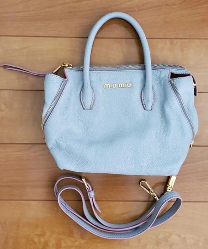 Miu Miu Madras 2Way Shoulder Bag Light Blue Pink Leather Gold Hardware Authentic