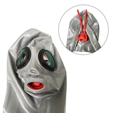 Gray Latex Hood with Eye Glass 15cm Long Nose Tube Teeth Gag Back Zip Fetish