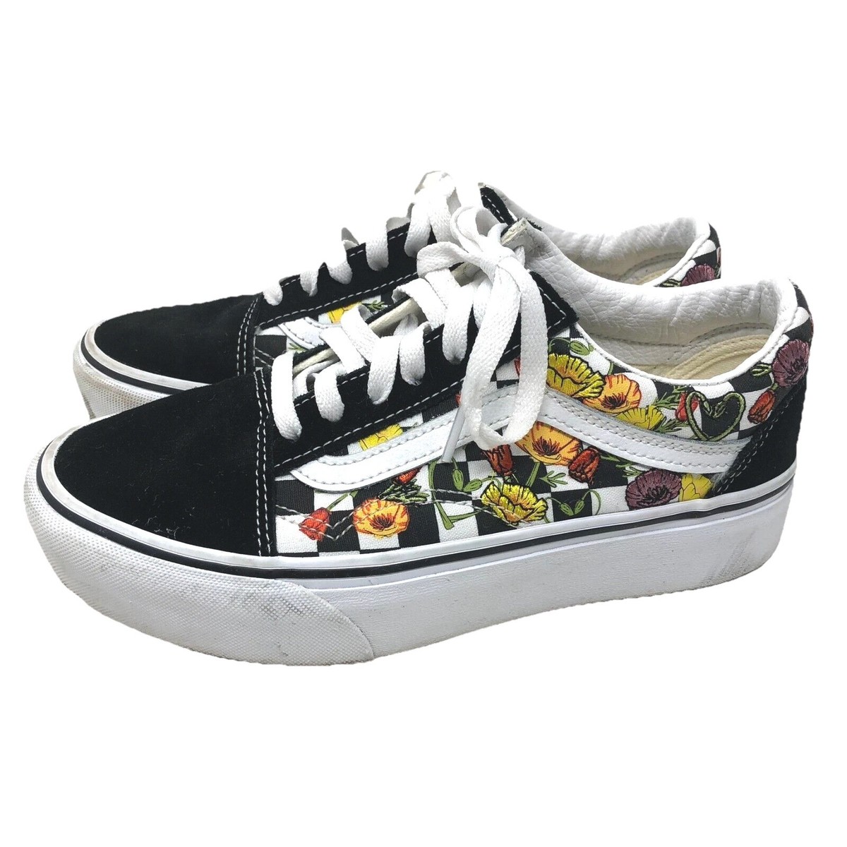 Vans Old Skool Platform Poppy Floral Checkerboard Mens Womens Black  White