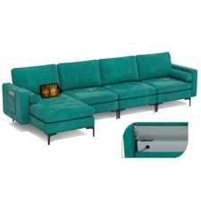 Modular L-shaped Sectional Sofa w/ 2 USB Ports Teal & Reversible Chaise