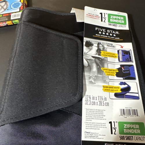 Mead Five Star 1.5 Inch Zipper 3 Ring Binder - 3 Pocket Expanding File Black
