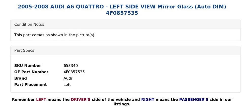 AUDI A6 QUATTRO 2005-2008 - Espejo retrovisor lateral izquierdo cristal (auto DIM) 4F0857535 Foto 4 de 4