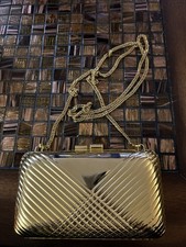Vtg Purse Hard Shell Gold Metal Shoulder Evening bag w/chain Strap 70 s Glam