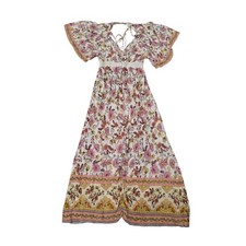 Umgee USA Floral Maxi Dress Flutter Sleeve Lace Detail Back Tie White Pink M