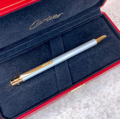 Cartier Ballpoint Pen Santos Steel Lacquer 18k Gold Finished Details with Case