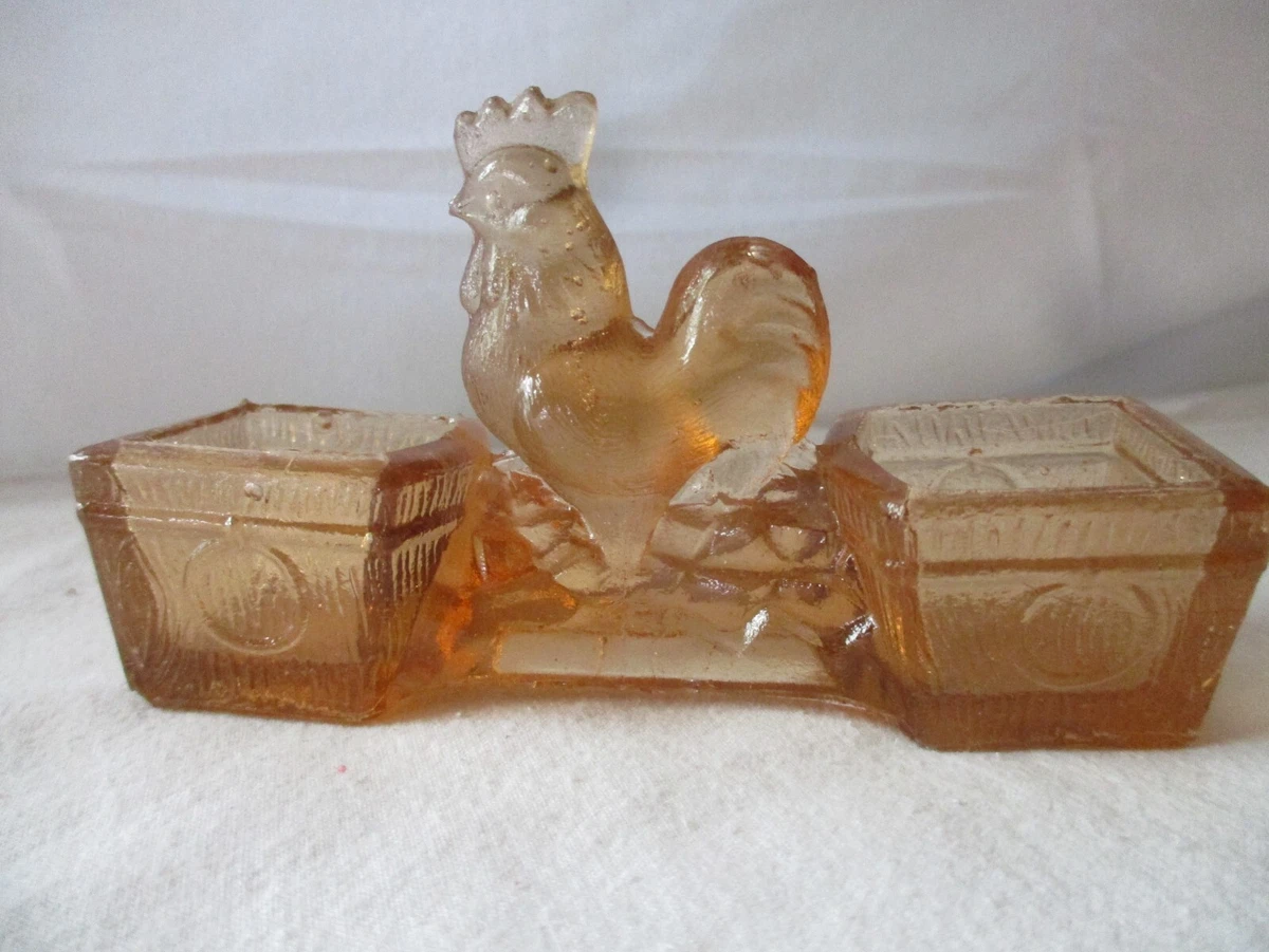 Ancienne Salière Double En Forme De Poule Et Coq - Barbotine Animalière Vintage - Décor Condiment