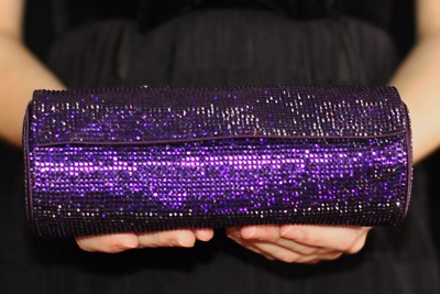 JUDITH LEIBER SWAROVSKI CRYSTAL RICH ROYAL PURPLE SOFT BARREL MINAUDIERE CLUTCH